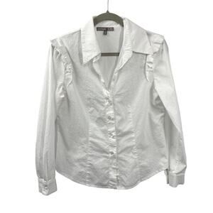 JANA KOS V neck Button up Shirt Women size Small White Cotton Ruffle Shoulder
